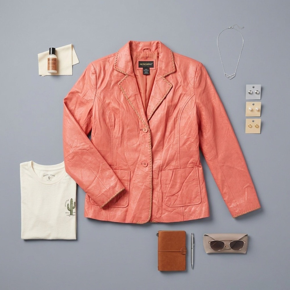 Vintage Metrostyle Coral Pink Leather Blazer Jacket Womens 12P Whipstitch Y2K